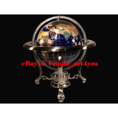 14" Blue Ocean Silver 3- leg table stand Gem MOP Gemstone World MAP globe   351925079687